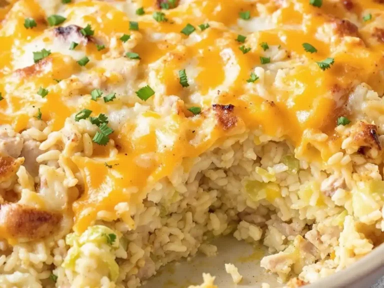 Close-up of a turkey and cabbage casserole topped with melted cheddar cheese and garnished with fresh parsley, highlighting its creamy rice layers.