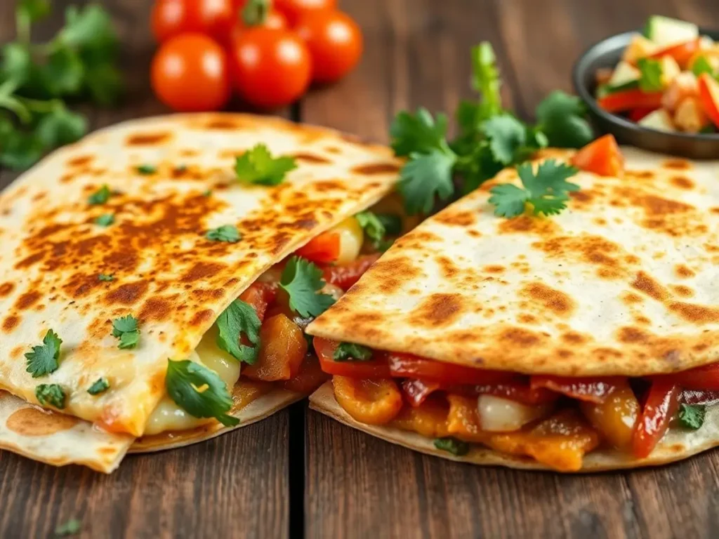Vegetarian quesadillas filled with grilled vegetables and melted cheese, garnished with cilantro, and served with fresh salsa on the side.