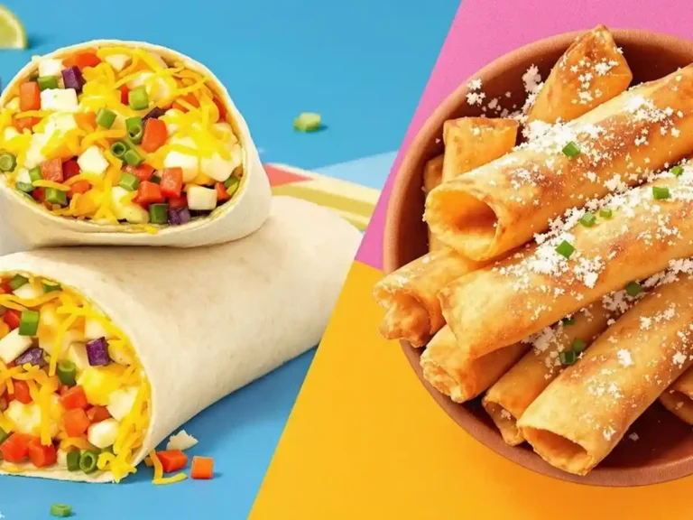 Close-up of a breakfast burrito filled with vibrant ingredients like cheese, peppers, and eggs, alongside a bowl of crispy taquitos garnished with cheese and chives.