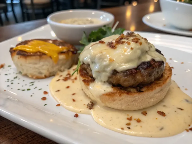 A sausage muffin topped with melted cheese and creamy gravy, served alongside a cheddar biscuit on a white plate.