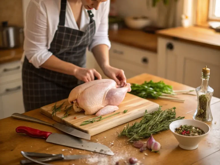 Home cook preparing a chicken for Butterflying and Spatchcocking in a cozy kitchen.