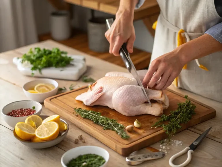 Home cook preparing a Spatchcock chicken on a wooden cutting board.