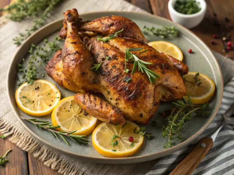 A golden roasted chicken served on a round platter, surrounded by fresh lemon slices, rosemary, and thyme, with a rustic background.