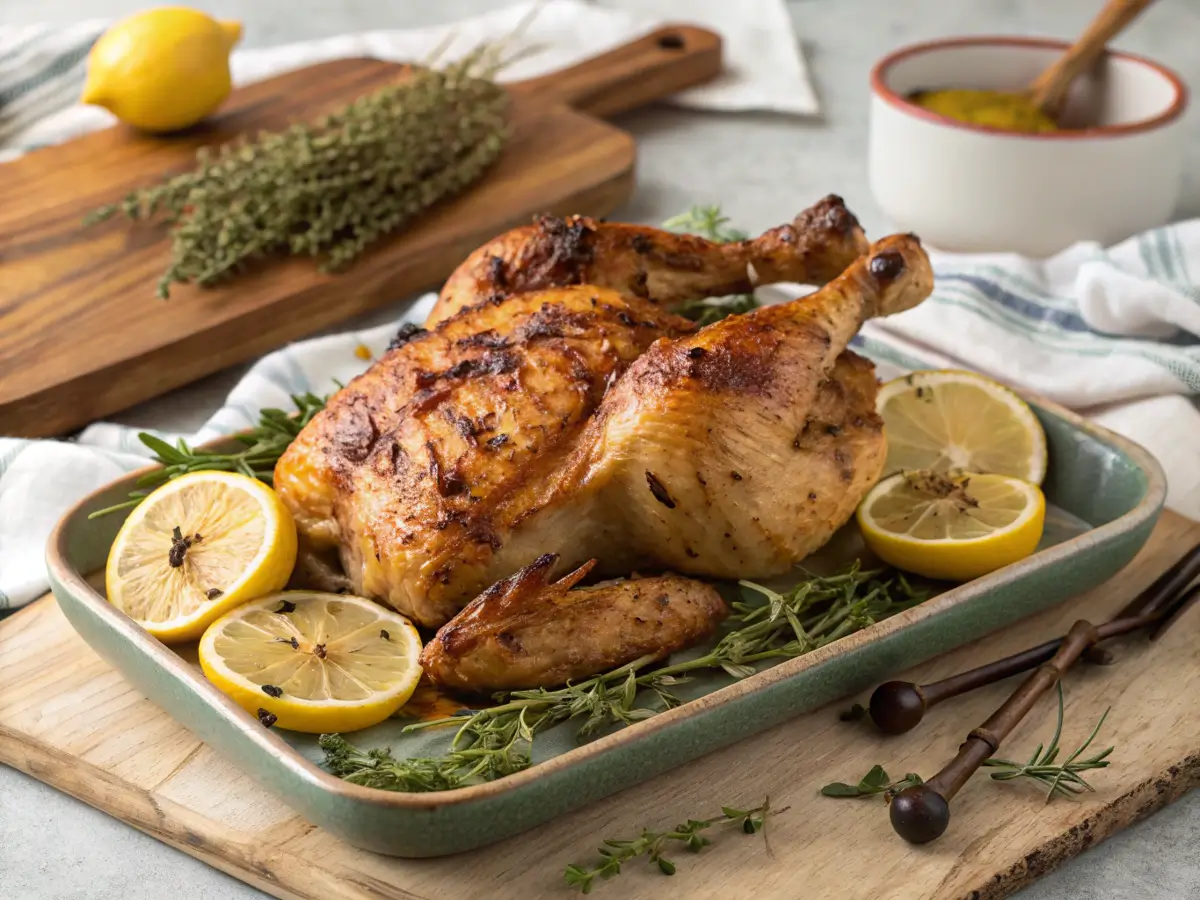 A golden roasted whole chicken served on a platter with fresh herbs and lemon slices, accompanied by a rustic wooden board in the background.