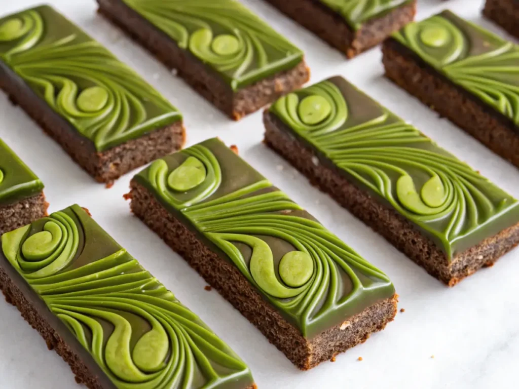 Rectangular Vegan Chocolate Matcha Bars topped with artistic green swirl patterns, displayed in rows on a white surface.