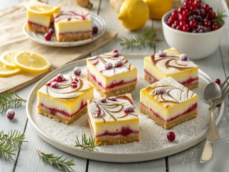 A plate of lemon cranberry cheesecake bars with distinct layers of crust, creamy filling, and cranberry swirl, garnished with fresh cranberries and lemon slices.