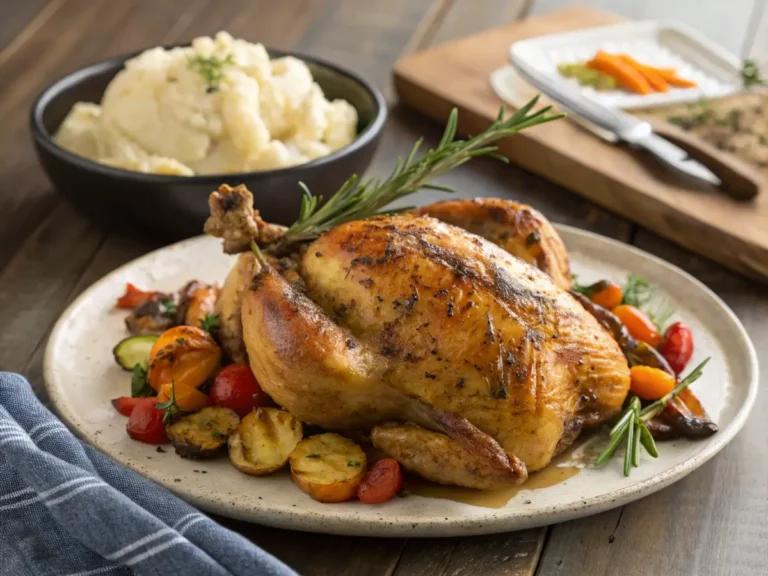 A beautifully roasted whole Galena chicken served on a rustic plate with roasted vegetables and mashed potatoes in the background.