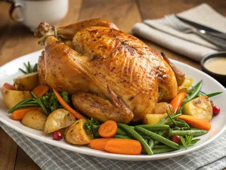 A perfectly roasted whole chicken served on a platter surrounded by roasted potatoes, carrots, green beans, and fresh herbs. Spatchcock Chicken Cooking Time