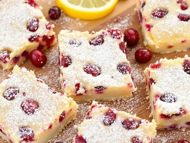 Squares of cranberry lemon bars dusted with powdered sugar, garnished with fresh cranberries and a slice of lemon.