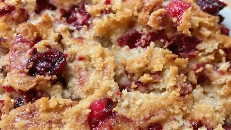 Close-up of a cranberry crumb dessert showcasing its golden-brown, buttery crumb topping with vibrant red cranberries scattered throughout.