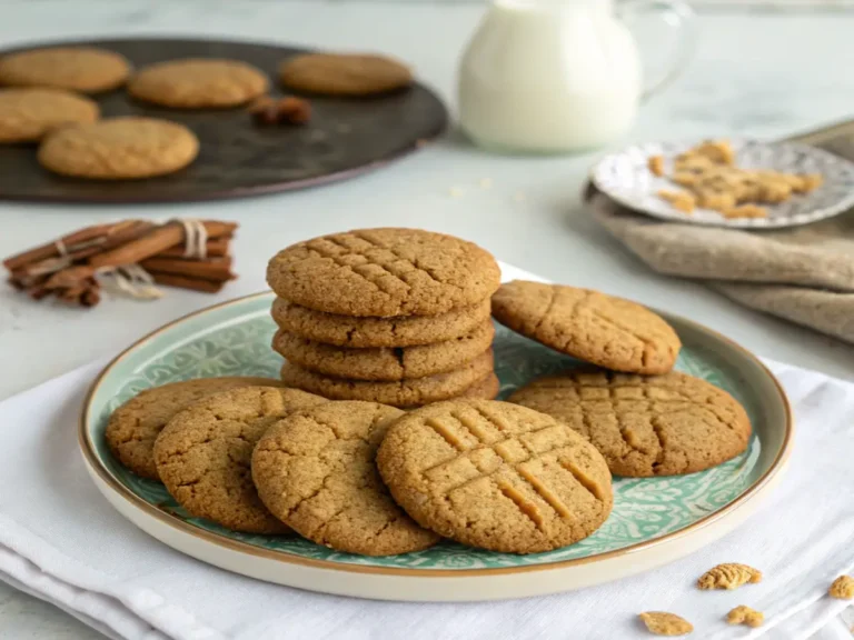 A stack of golden ginger snap cookies on a patterned plate, with a background of cinnamon sticks, milk, and a tray of cookies on a white surface.