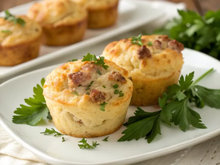 Two golden-brown Bisquick sausage muffins on a white plate, garnished with fresh parsley, with more muffins in the background.