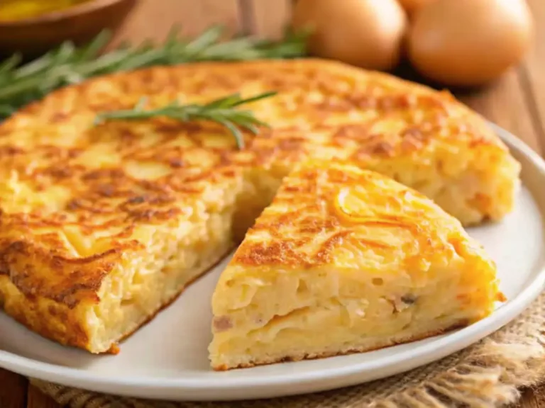 Golden Passover potato kugel with a slice removed, showing its crispy edges and soft, creamy interior, garnished with rosemary.