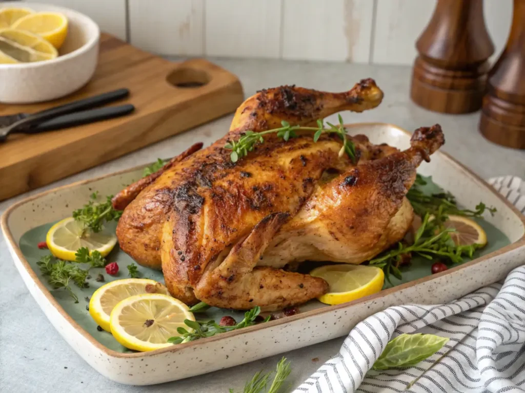 A perfectly grilled spatchcock chicken served on a platter with fresh lemon slices, herbs, and a rustic background.