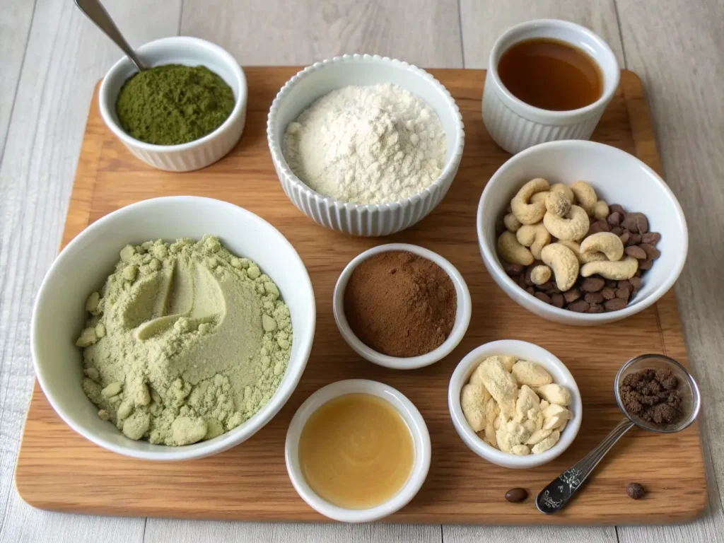 A wooden board with bowls of matcha powder, oat flour, vanilla protein powder, cashews, and other ingredients for making Vegan Chocolate Matcha Energy Bars.