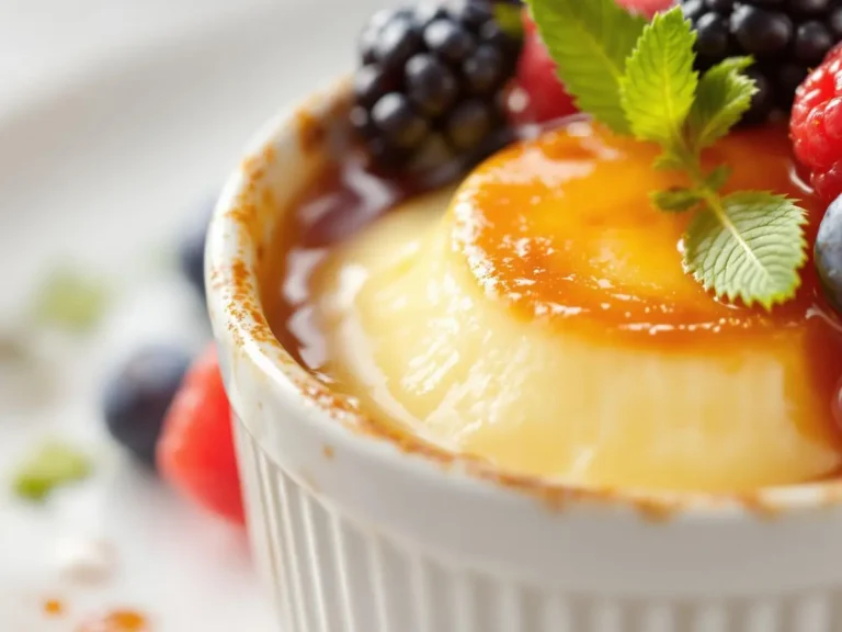 A close-up of a creamy crème brûlée topped with caramelized sugar, garnished with fresh blackberries, raspberries, and mint leaves.