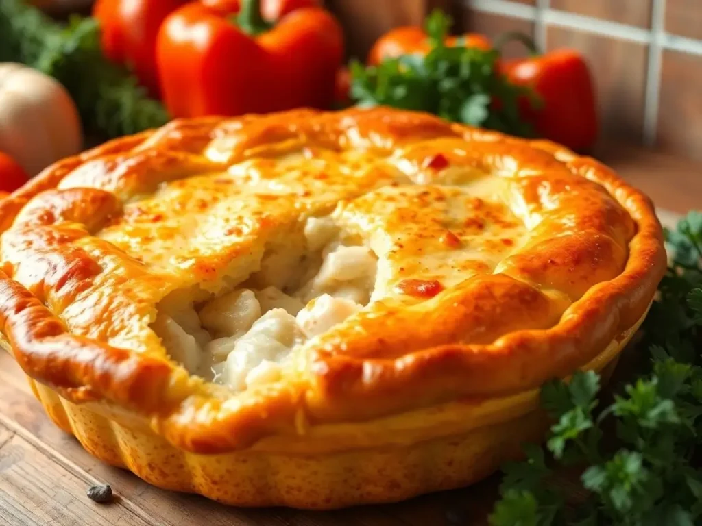 A whole chicken pot pie with a flaky, golden crust and creamy chicken filling, served on a rustic wooden table with fresh vegetables.