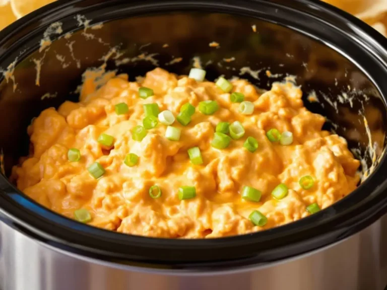 A close-up of creamy buffalo chicken dip in a slow cooker, topped with green onions for garnish.