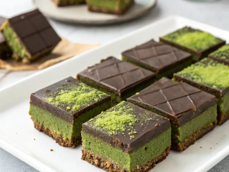 Neatly cut Vegan Chocolate Matcha Energy Bars with a chocolate layer and sprinkled matcha powder, presented on a white plate.