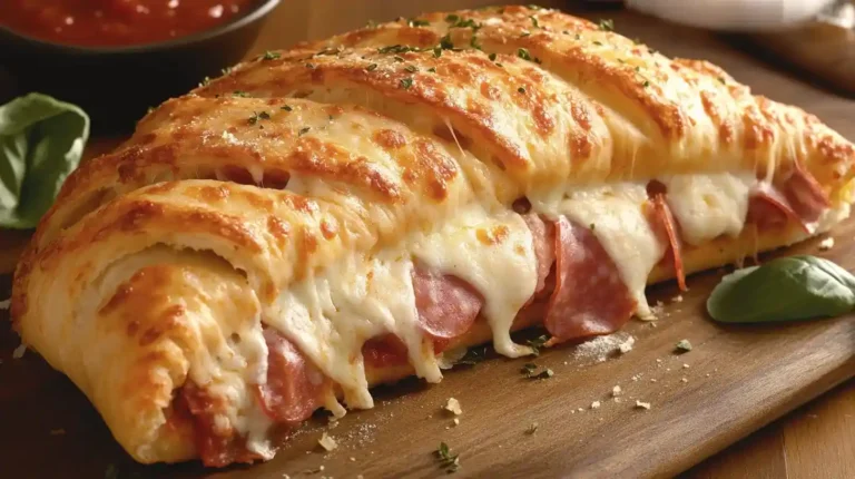 A sliced homemade Stromboli filled with melted cheese, pepperoni, and ham, served on a wooden cutting board with marinara sauce.