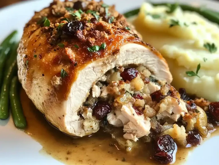 Juicy stuffing stuffed chicken breast sliced open, revealing a golden stuffing, served with mashed potatoes and green beans.