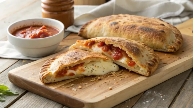 a golden crust, sliced open to reveal melted ricotta and mozzarella, served with marinara sauce.
