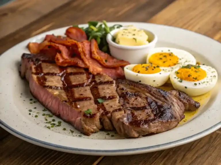 A perfectly seared ribeye steak with butter, crispy beef bacon, and soft-boiled eggs on a rustic wooden plate an ideal carnivore diet meal.