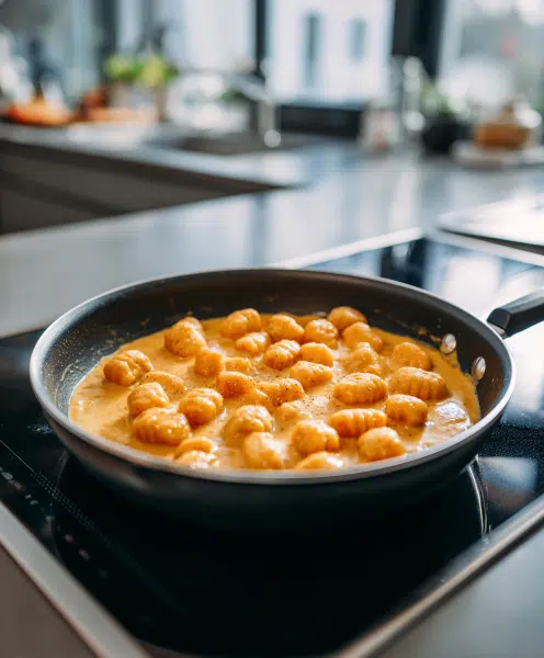 Gnocchi coated in creamy pumpkin sauce in modern skillet”Title: “Pumpkin Gnocchi Bake Preparation