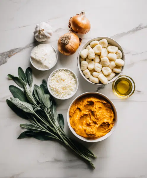 Flat lay of pumpkin gnocchi bake ingredients on modern kitchen counter