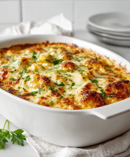 Baked pumpkin gnocchi casserole topped with melted cheese in modern kitchen