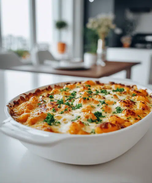Baked pumpkin gnocchi casserole topped with melted cheese in modern kitchen