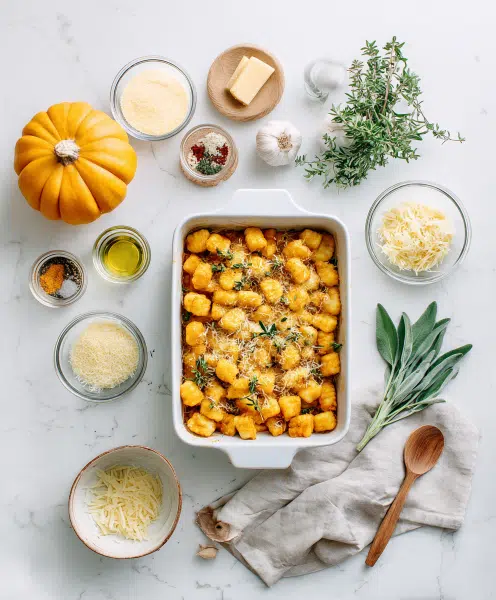 Pumpkin gnocchi bake step by step recipe card in modern kitchen style