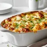 Baked pumpkin gnocchi casserole topped with melted cheese in modern kitchen