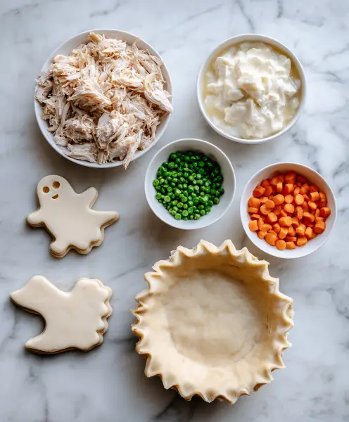 flat lay of halloween pot pie ingredients