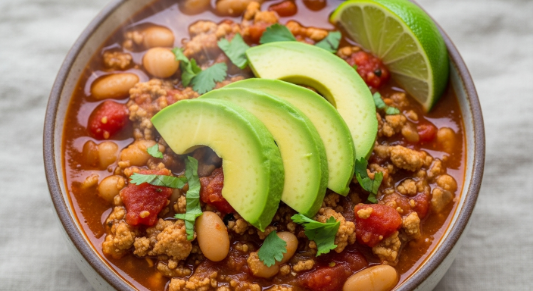 Bowl of Turkey and White Bean Chili with avocado and cilantro