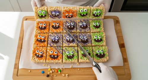 Stack of Halloween Monster Rice Krispies bars with candy eyeballs”