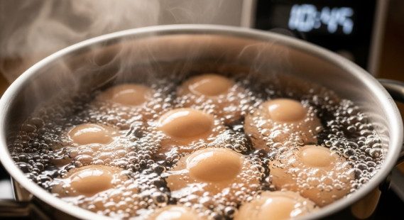 Eggs simmering gently in a pot for deviled eggs