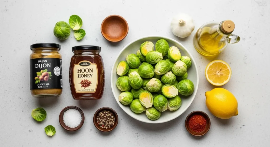Ingredients for Honey-Mustard Air Fryer Brussels Sprouts arranged on a light surface