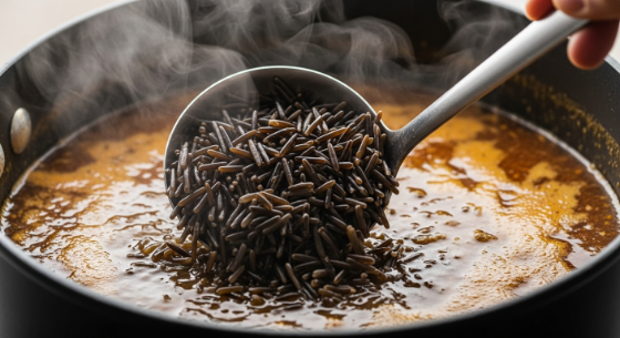 Stirring wild rice into simmering broth