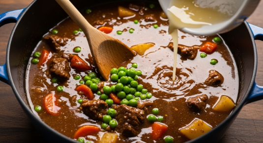 Adding peas and slurry to finish Beef and Vegetable Stew