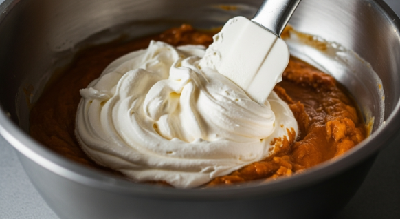 Folding whipped cream into pumpkin cheesecake mixture for no-bake cups