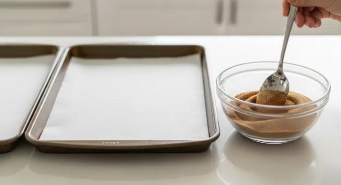 Preparing pans and cinnamon sugar for soft cinnamon sugar cookies