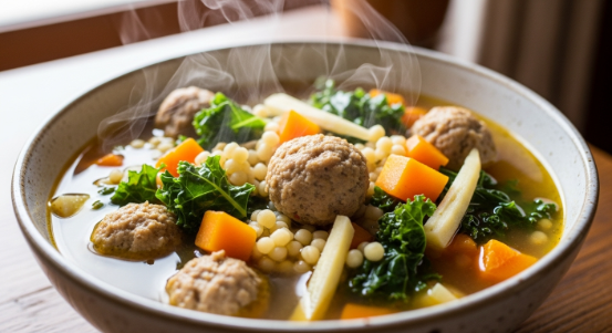 Italian Wedding Soup with Fall Vegetables in a cozy bowl with turkey meatballs and kale