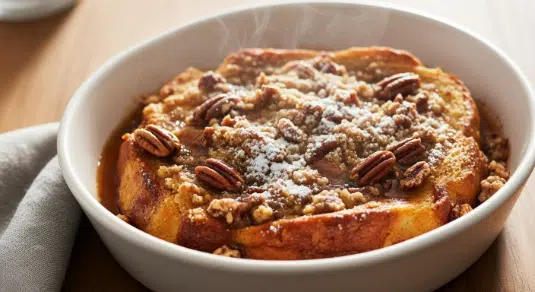 Slice of Pumpkin Spice French Toast Bake with maple syrup and berries