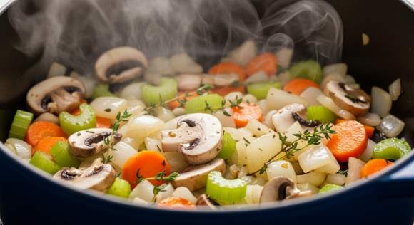 Sautéing mushrooms with onion, carrot, celery, and thyme