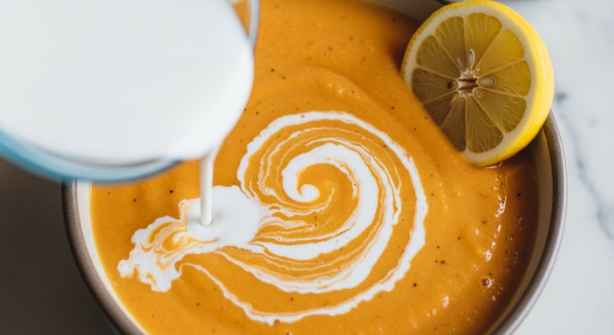 Stirring coconut milk into butternut squash soup with a squeeze of lemon