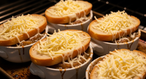 Broiling cheese-topped French Onion Soup until bubbly