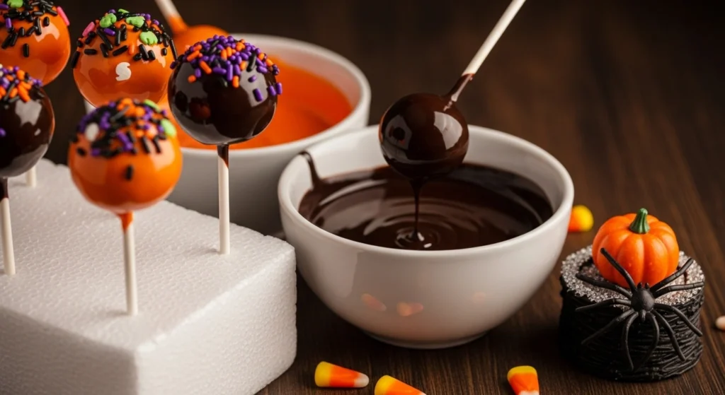 Dipping cake pops into orange and black melted candy coating