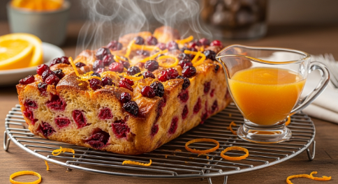 Rested Cranberry Orange Bread Pudding with orange glaze ready to drizzle