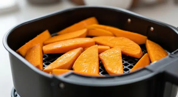 Arranging sweet potato wedges in a single layer in the air fryer basket